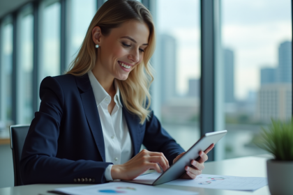 Jeune femme d'affaires regardant des graphiques financiers sur une tablette