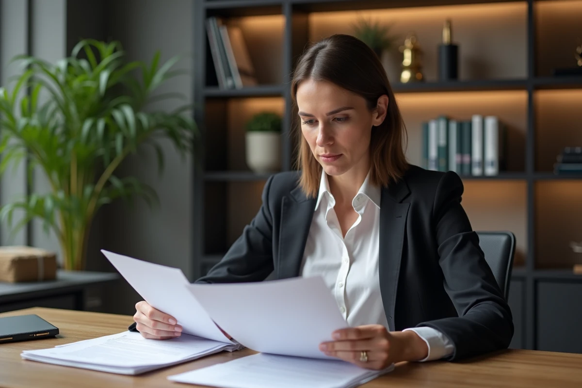 Femme d'affaires lisant des documents importants dans un bureau