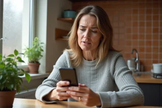 Femme inquiète regardant un numéro fixe inconnu s'afficher sur son smartphone dans une cuisine