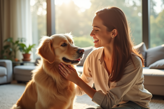 Jeune femme souriante caressant un chien doré dans un salon lumineux