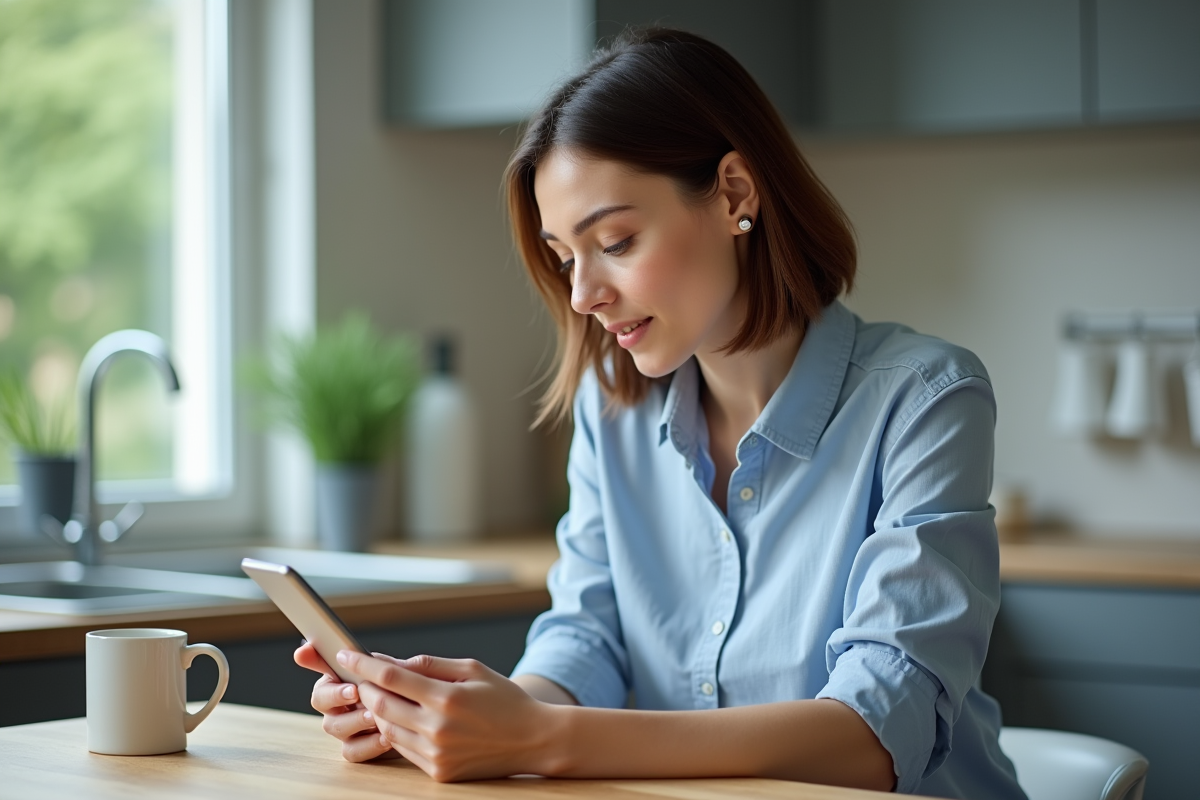 Jeune femme regardant son smartphone avec application budget