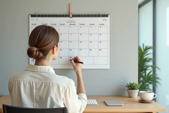 Femme au bureau consultant un calendrier mural mensuel 2026 dans un espace de travail moderne et épuré