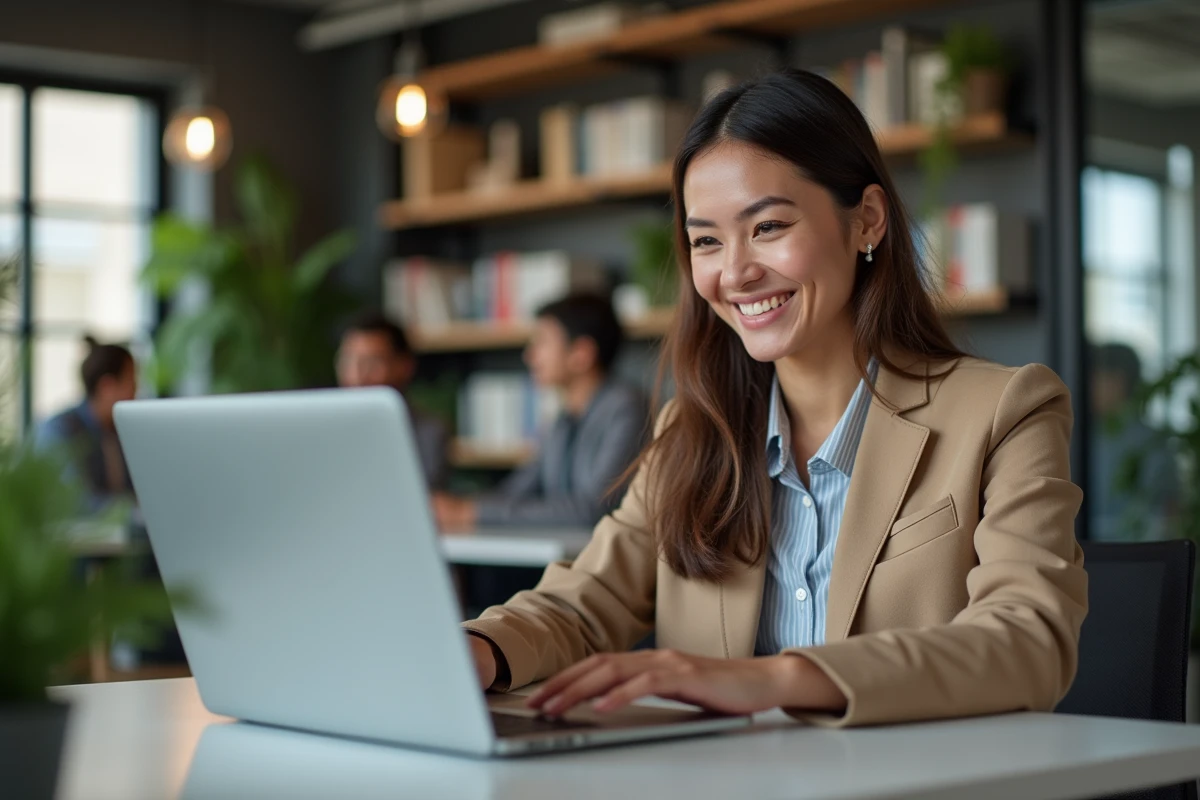 Femme au bureau coworking en tenue smartcasual