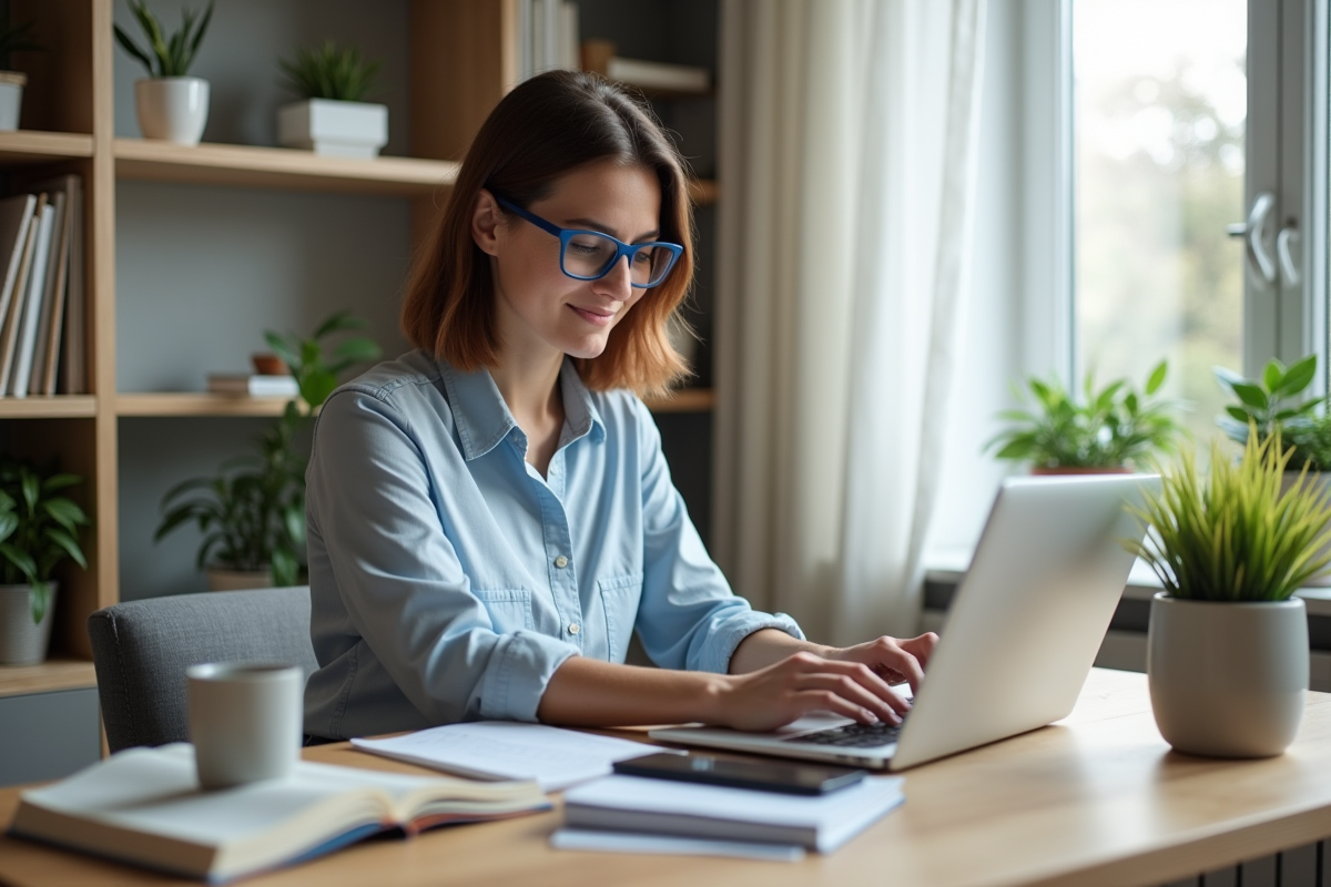 Femme au bureau à domicile travaillant sur son ordinateur portable