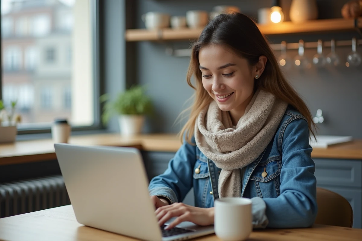 Jeune femme en denim et écharpe utilisant un ordinateur dans un appartement moderne