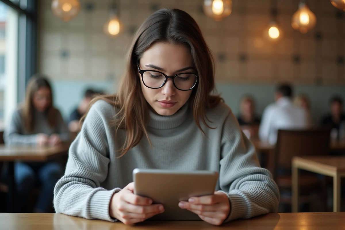 Femme lisant des archives numériques dans un café animé