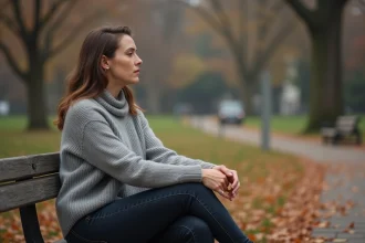 Femme réfléchissant seule sur un banc de parc en automne, illustrant la reconstruction de confiance après une trahison