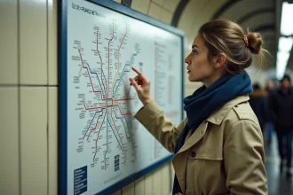 Jeune femme consultant un plan du réseau RER Île-de-France affiché dans une station parisienne