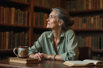 Femme mature en contemplation silencieuse dans une bibliothèque, illustrant la sagesse d'un proverbe sur le silence et l'écoute