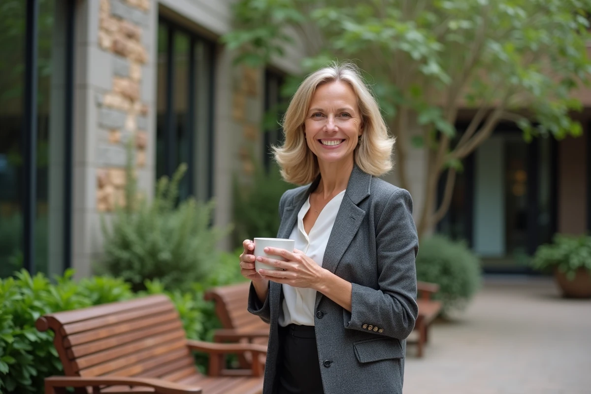 Femme souriante avec tasse dans un patio verdoyant au travail