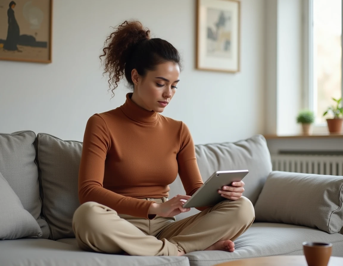 Femme créatrice de contenu utilisant une tablette dans un salon scandinave épuré, représentant la construction d'un tunnel d'abonnés efficace sur les plateformes en ligne