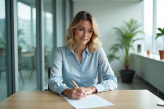 Femme en blouse bleue posant sa lettre de demission