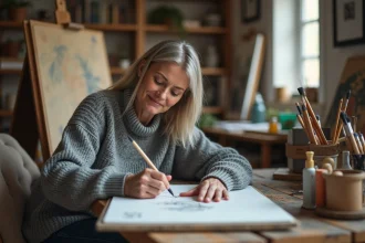 Femme d'âge moyen dessinant dans son studio cosy