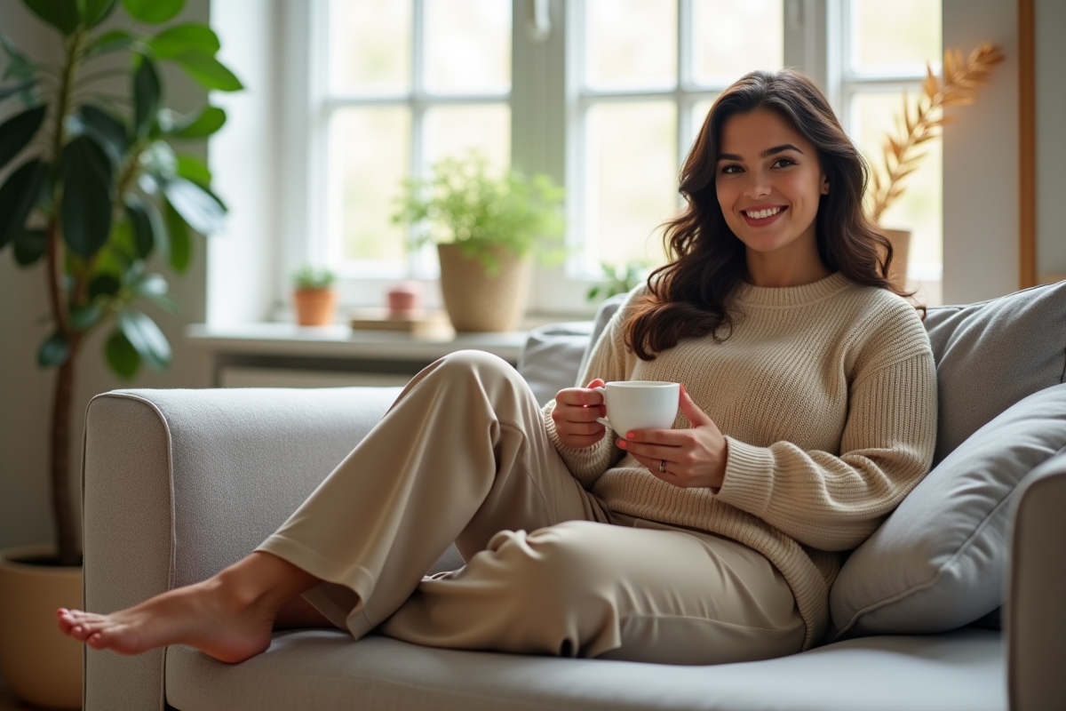 Femme détendue à la maison avec pantalon droit et café
