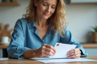 Femme appliquant un timbre sur une enveloppe dans la cuisine