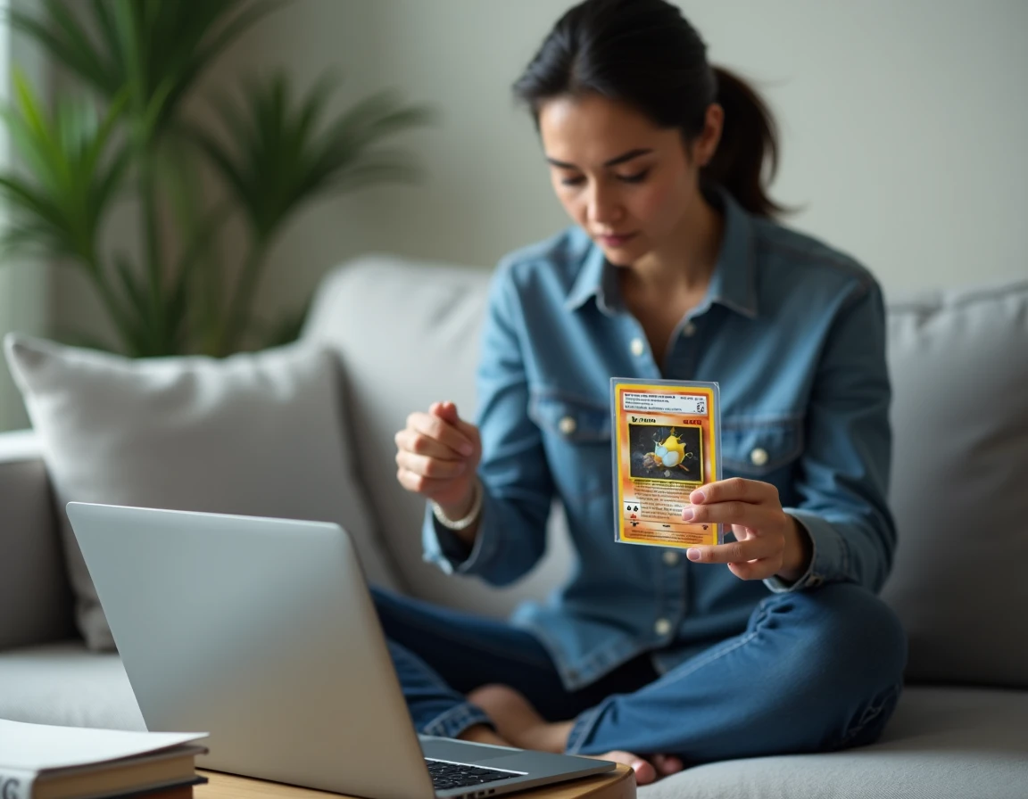 Une jeune femme collectionneuse évalue le prix d'une carte Pokémon rare gradée PSA en consultant un site d'estimation sur son ordinateur portable