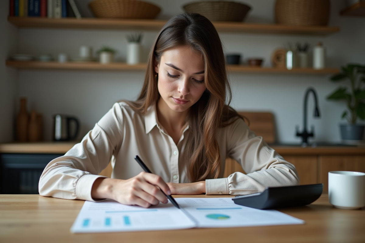 Jeune femme en cuisine examinant ses documents financiers