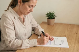 Femme remplissant un formulaire administratif avec le code postal de Montpellier visible sur le document