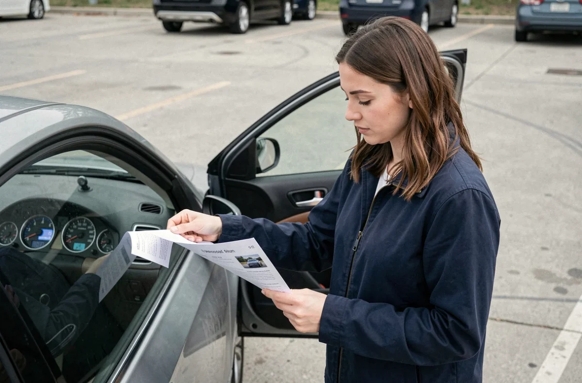 Femme consultant un guide de conversion mph km/h à côté de sa voiture dans un parking