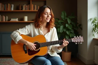 Jeune femme jouant de la guitare acoustique en position assise, illustrant les accords de Petite Marie