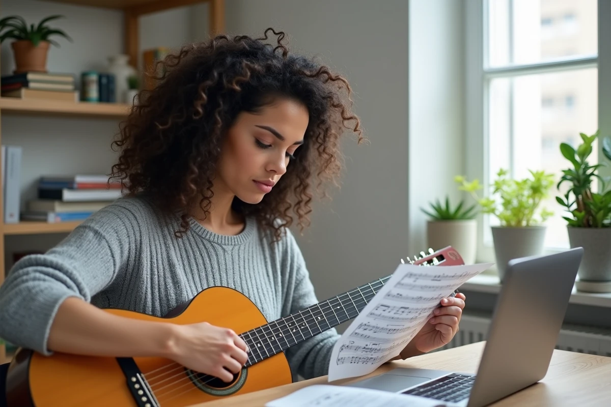 Femme guitariste étudiant une méthode de guitare imprimée posée sur un bureau en bois avec un ordinateur portable affichant des partitions gratuites en ligne