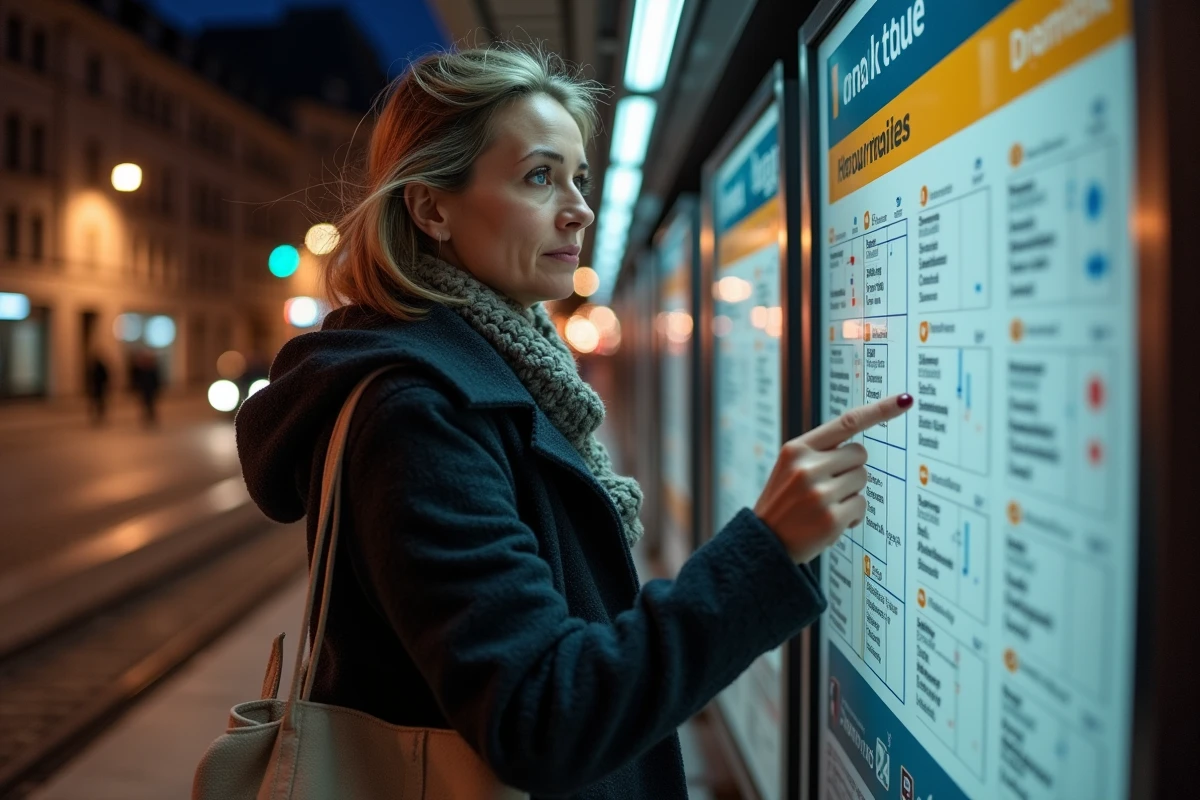 Femme consultant les horaires du dernier tram de Bordeaux sur un panneau d'information nocturne