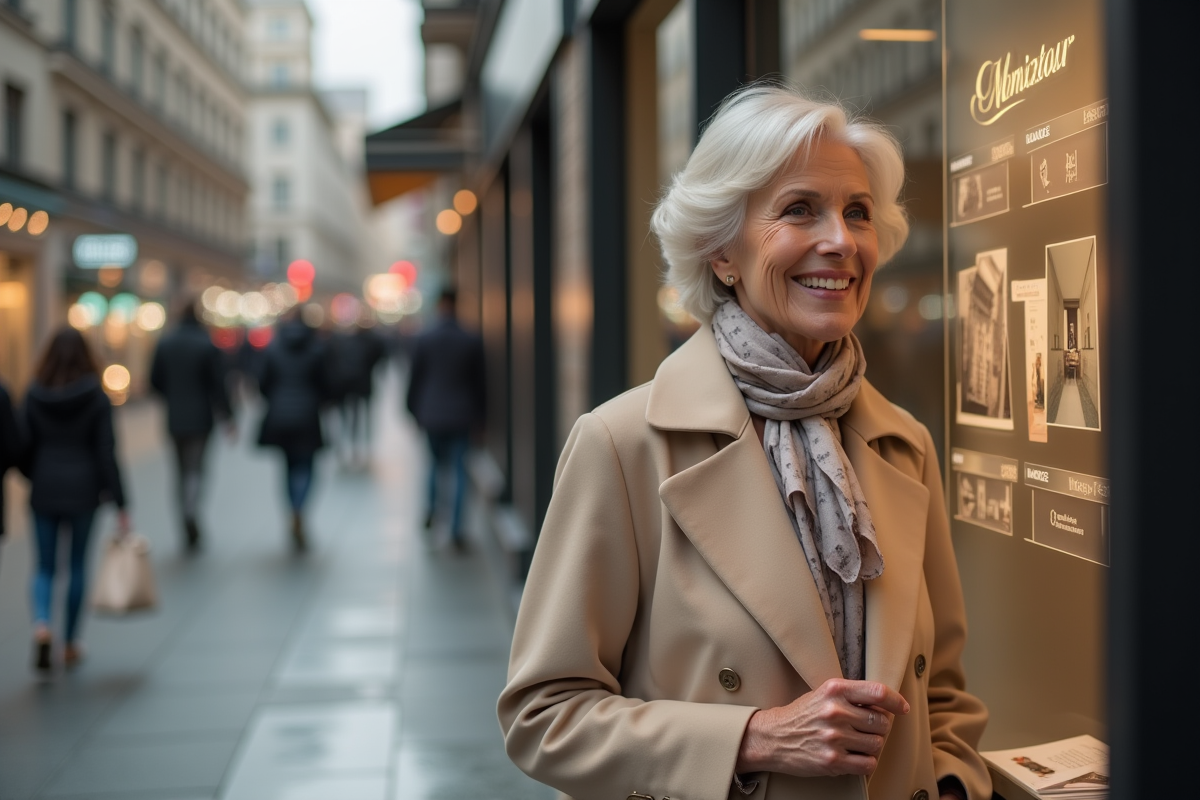 Femme élégante regardant les annonces immobilières en ville