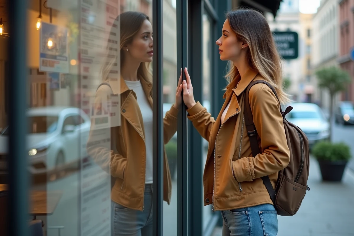 Jeune femme regardant une annonce immobiliere en agence