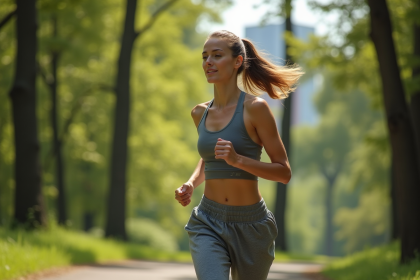 Femme courant dans un parc vert avec arbres et ville en arrière-plan