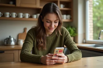 Jeune femme jouant à 4 Images 1 Mot sur smartphone à une table en bois
