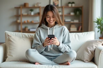 Jeune femme jouant à Monopoly GO sur son smartphone avec des dés gratuits