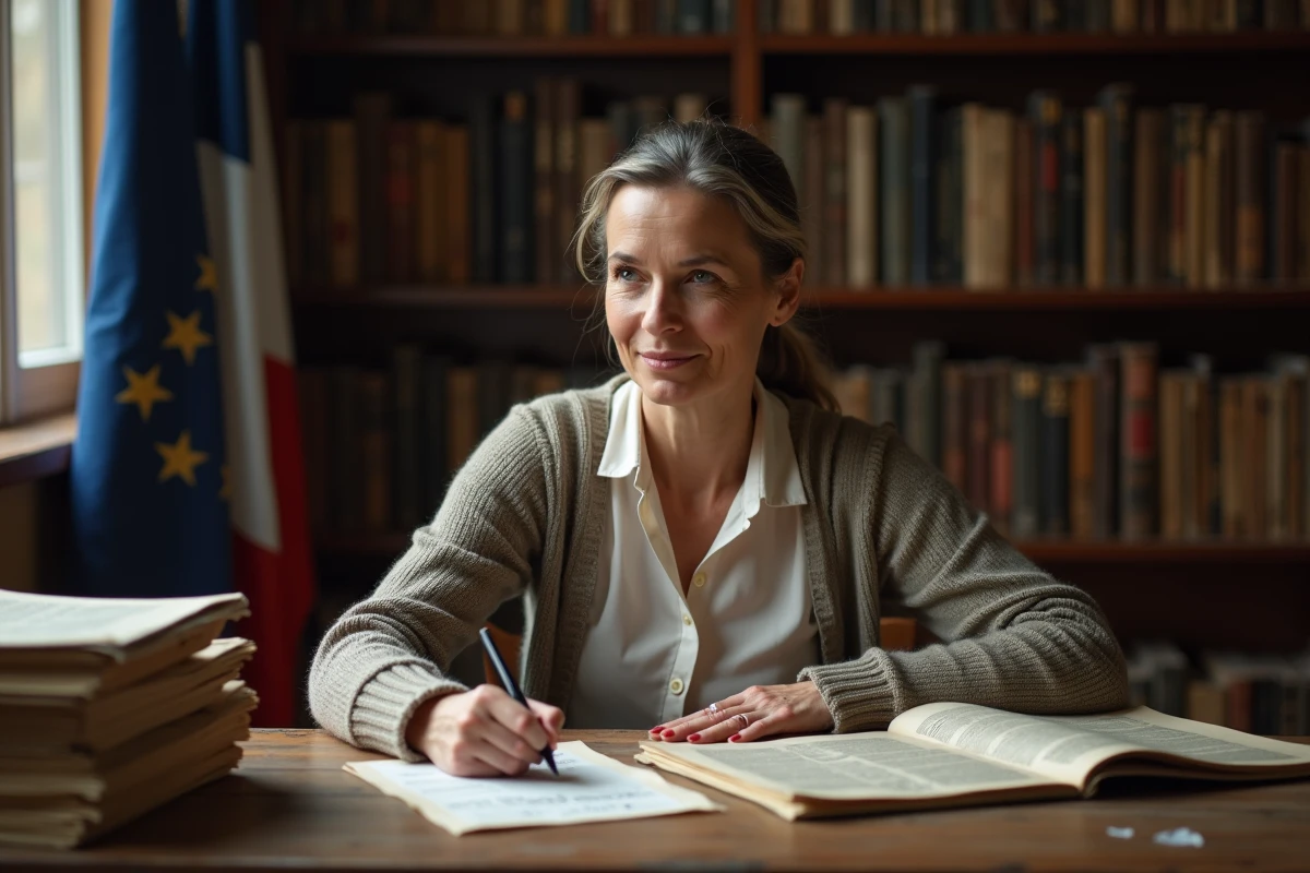 Femme méditative écrivant une phrase sur un papier intérieur