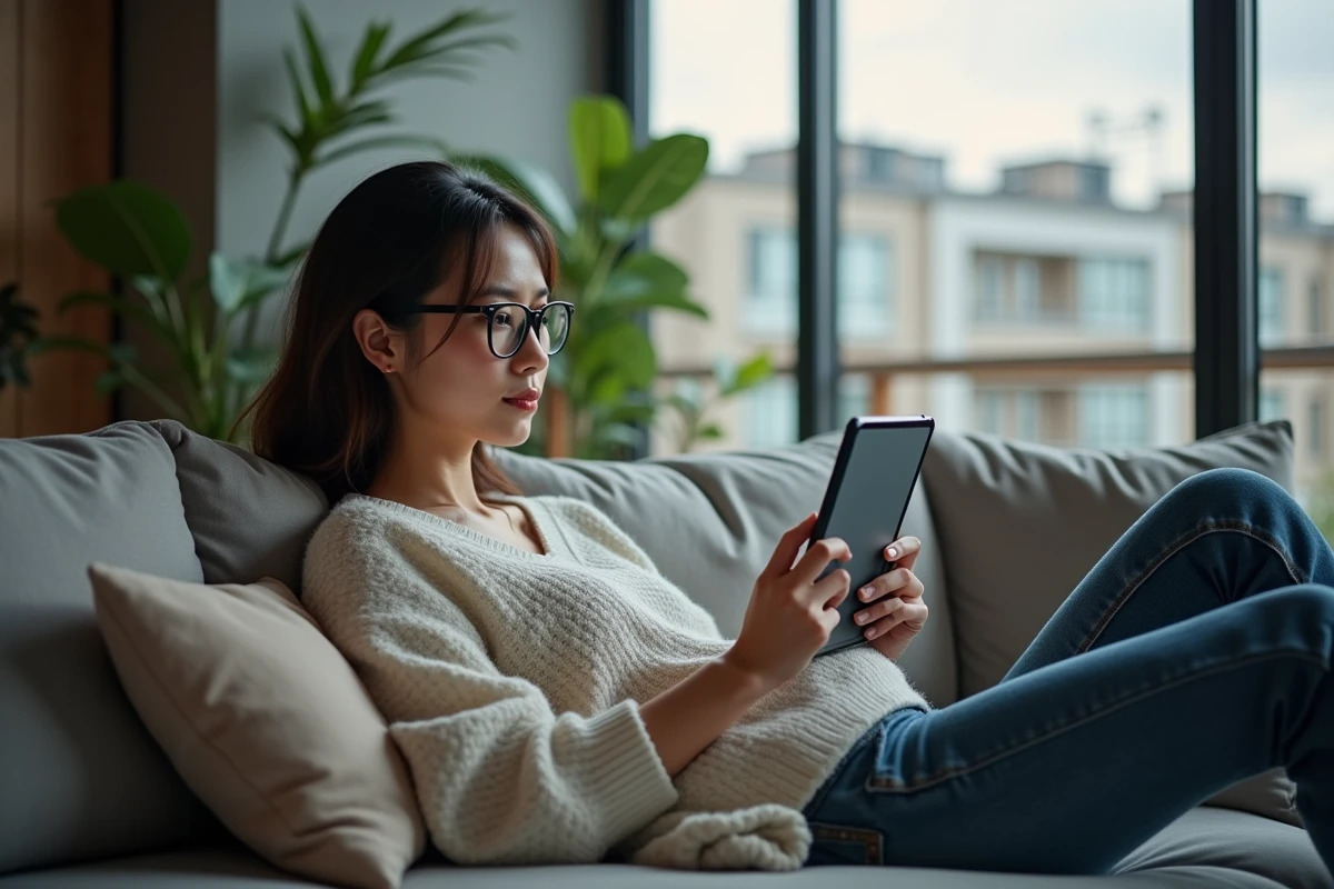 Femme détendue lisant manga sur tablette dans le salon
