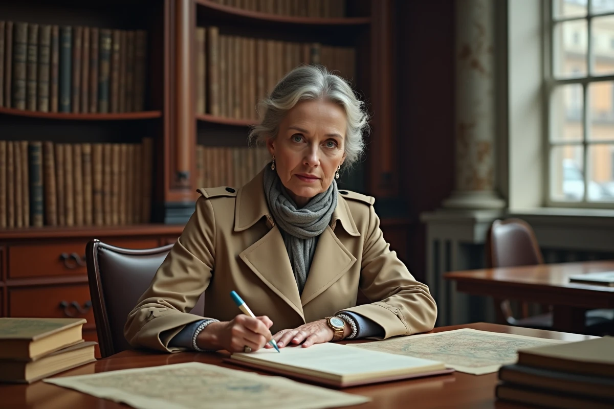 Femme lisant un document ancien dans une bibliothèque élégante