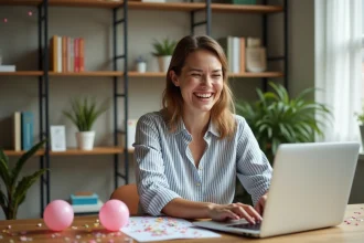 Femme souriante écrivant un message d'anniversaire drôle sur son ordinateur portable entouré de décorations festives