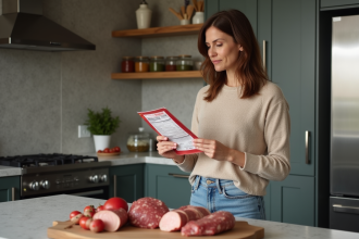 Femme lisant une étiquette nutritionnelle dans la cuisine