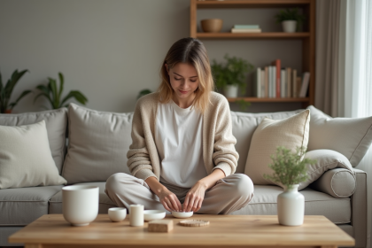 Femme en salon arrangeant des objets précieux sur une table en bois