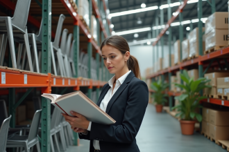 Femme en tenue casual compare un catalogue dans un entrepôt moderne