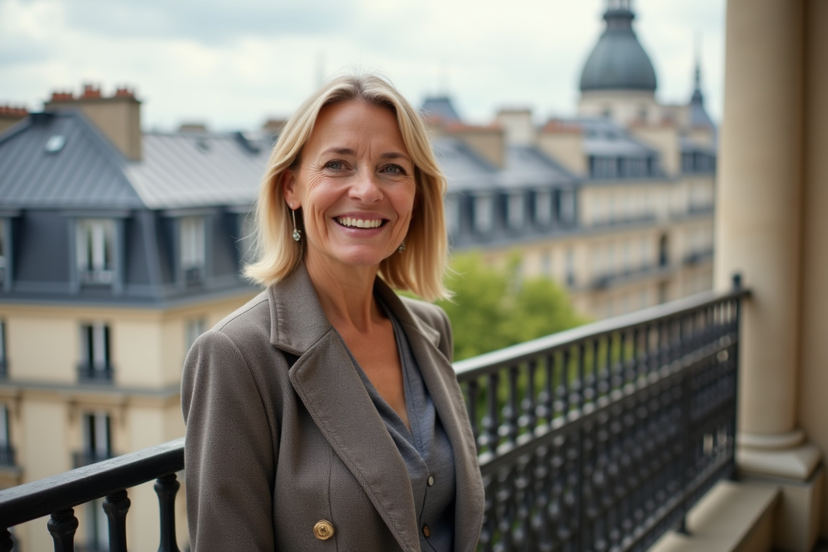 Femme élégante sur balcon parisien avec vue sur les toits