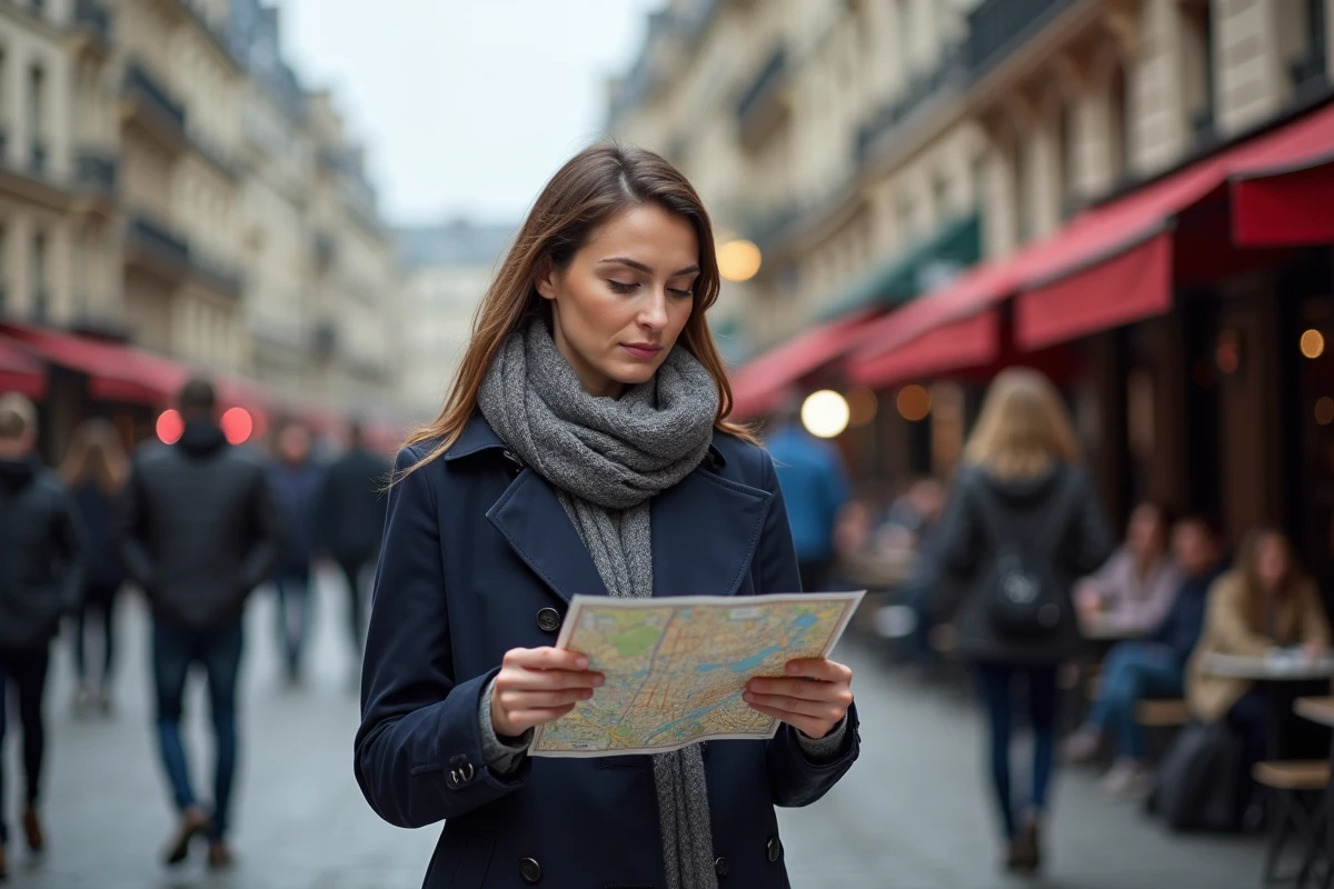 Femme en trench et écharpe regardant une carte à Paris