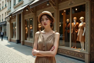 Jeune femme en robe 1920s devant boutique parisienne