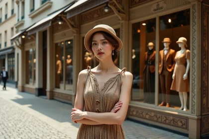 Jeune femme en robe 1920s devant boutique parisienne