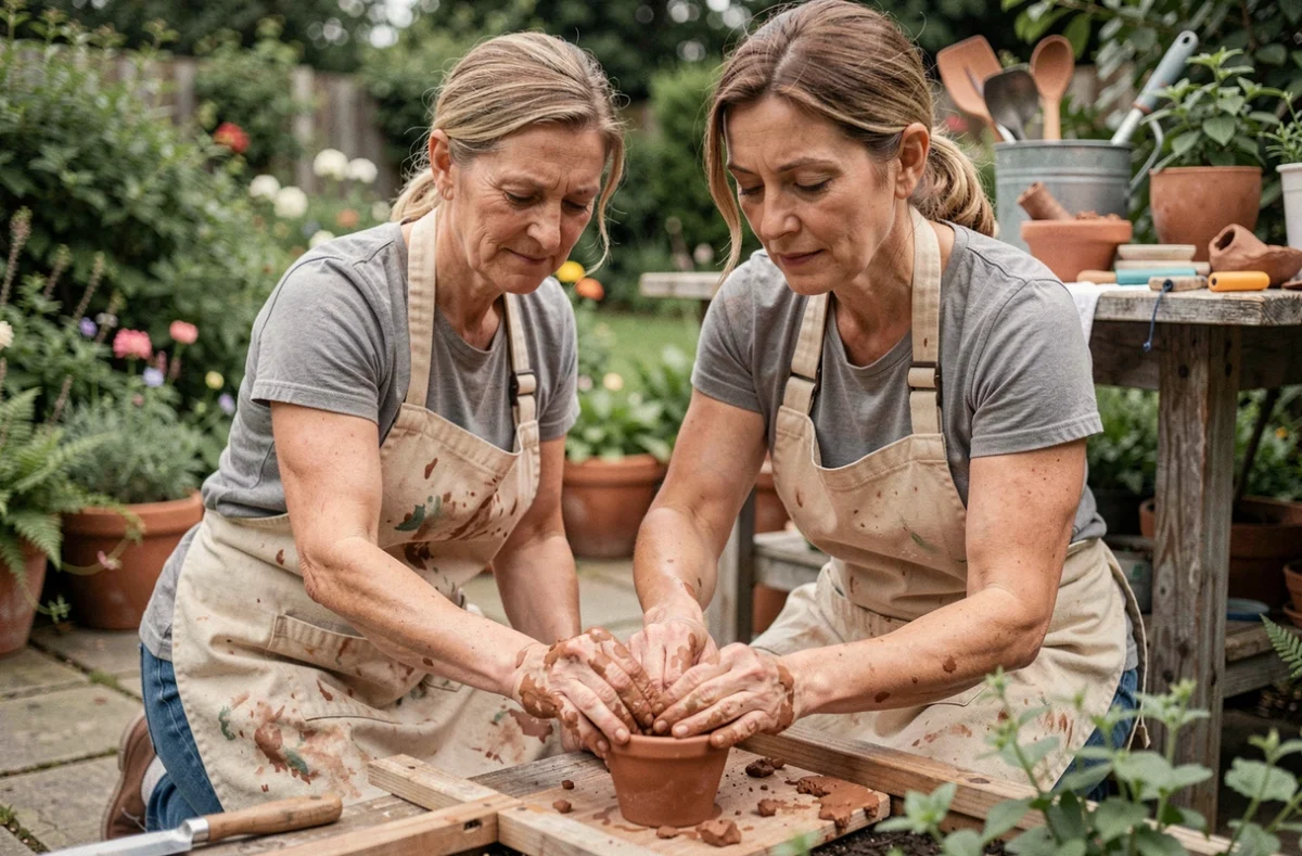 Femme adulte pratiquant la poterie en argile au jardin comme activité manuelle apaisante contre l'anxiété