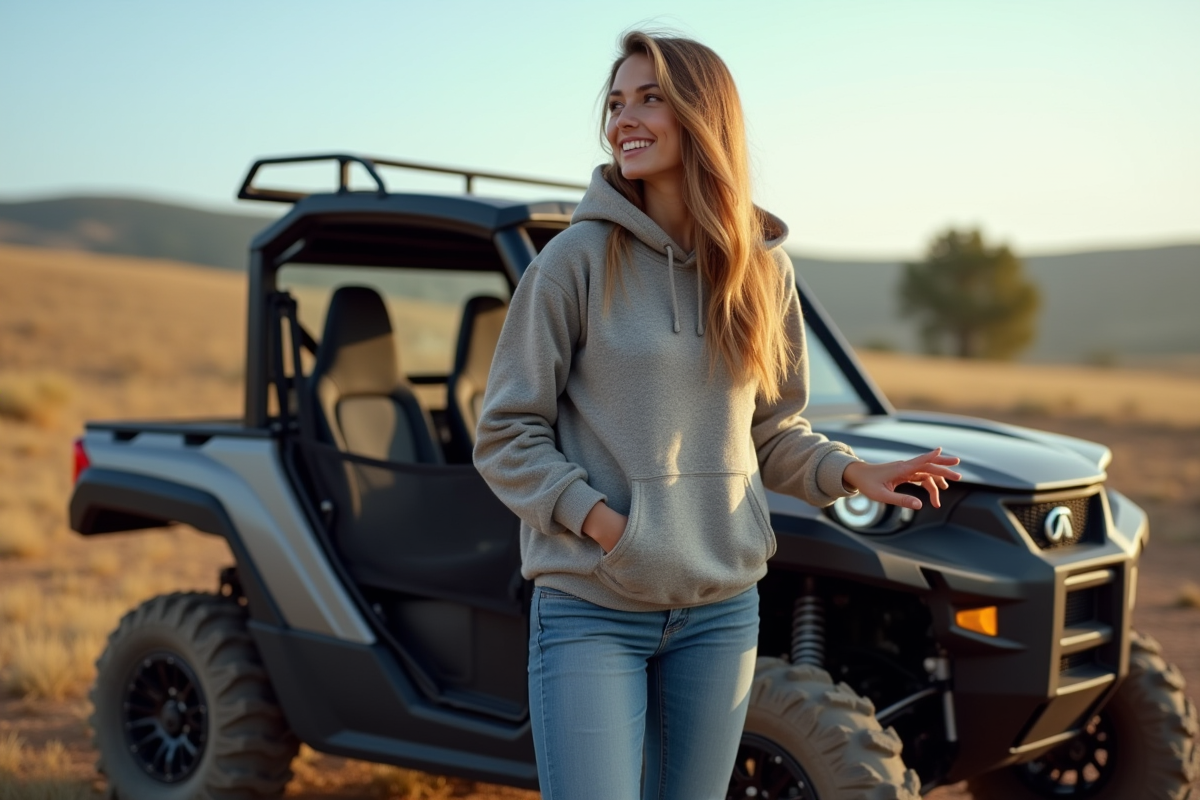 Femme souriante à côté d’un quad en campagne
