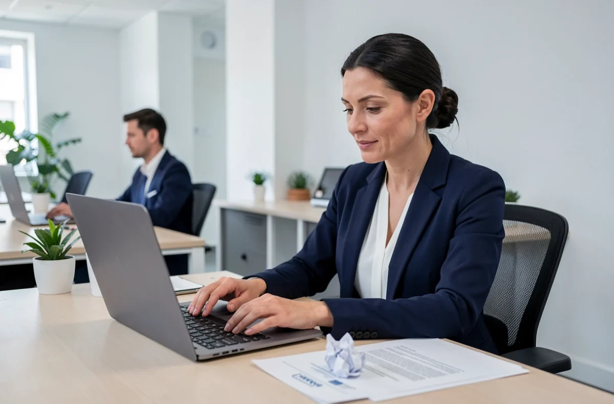 Femme rédigeant une lettre recommandée pour contester un devis dans un bureau professionnel