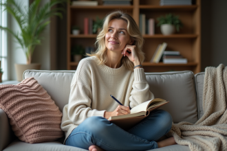 Femme pensive assise sur un canapé avec journal