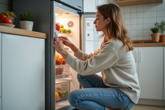 Femme d'âge moyen ajuste le thermostat du frigo