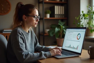 Femme travaillant sur son ordinateur portable pour générer des revenus complémentaires depuis son bureau à domicile