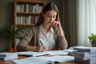 Femme concentrée examinant des documents à la maison