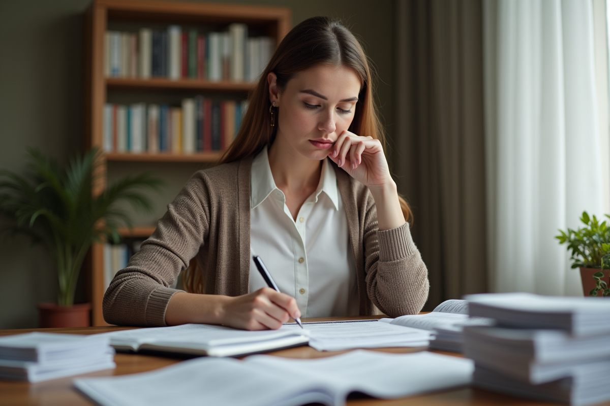 Femme concentrée examinant des documents à la maison